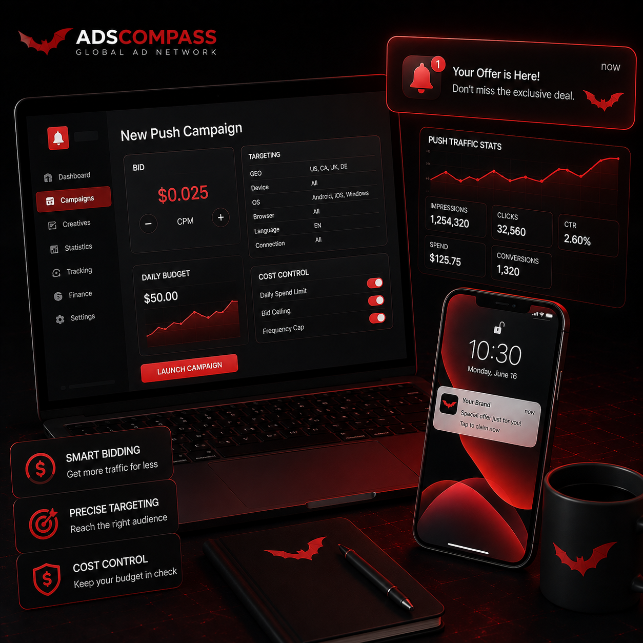 AdsCompass Push Ad Network: Bids, Targeting and GEO Reach
