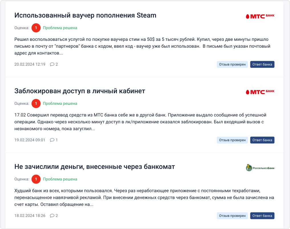 Примеры отзывов на банки.ру