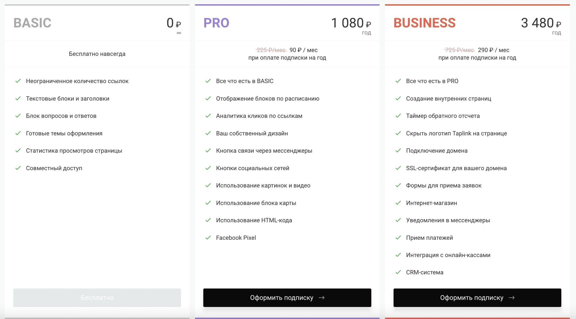 Тарифы Таплинка: Базовый, Про, Бизнес