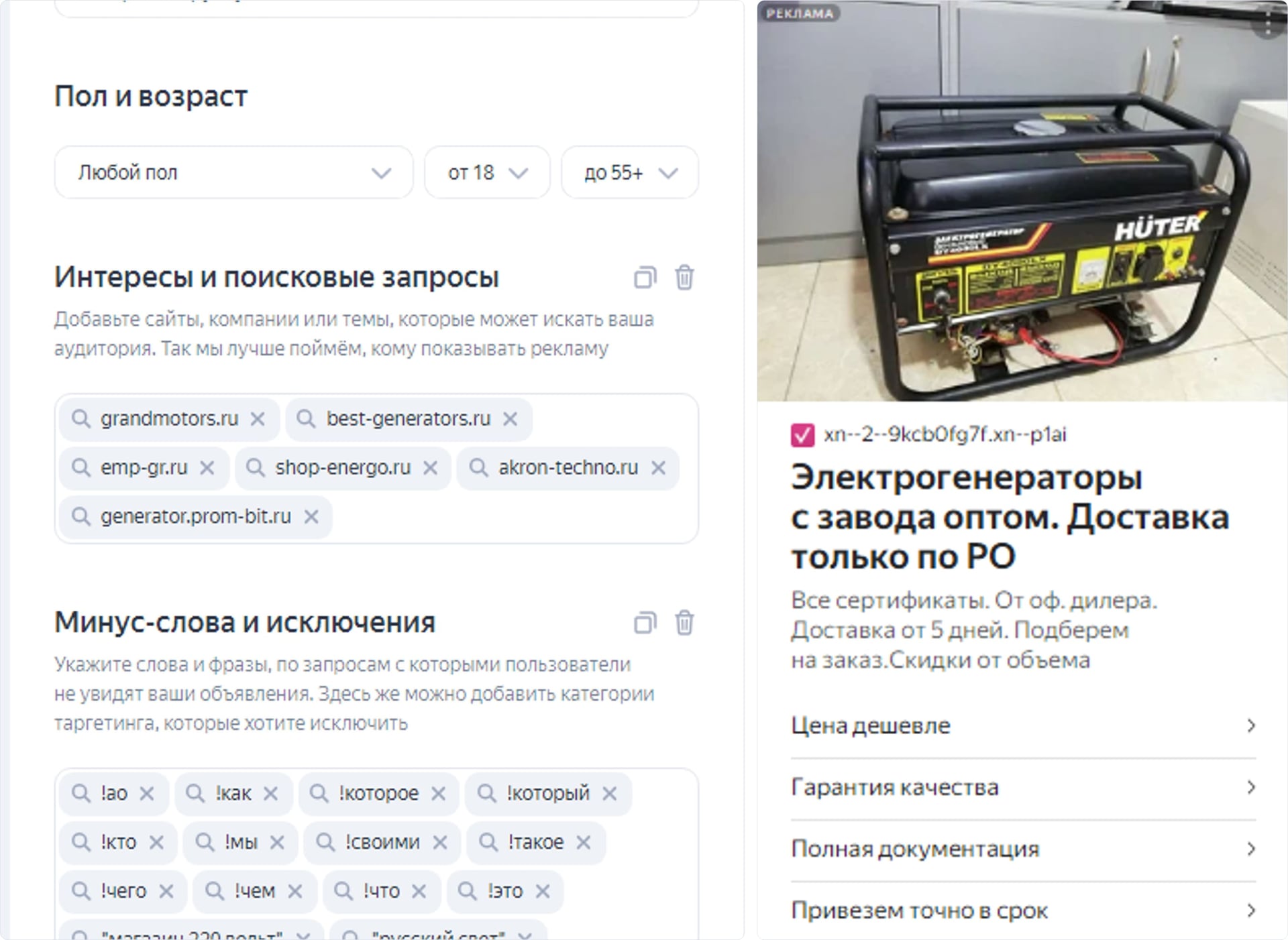 Пример рекламных настроек для продажи генераторов