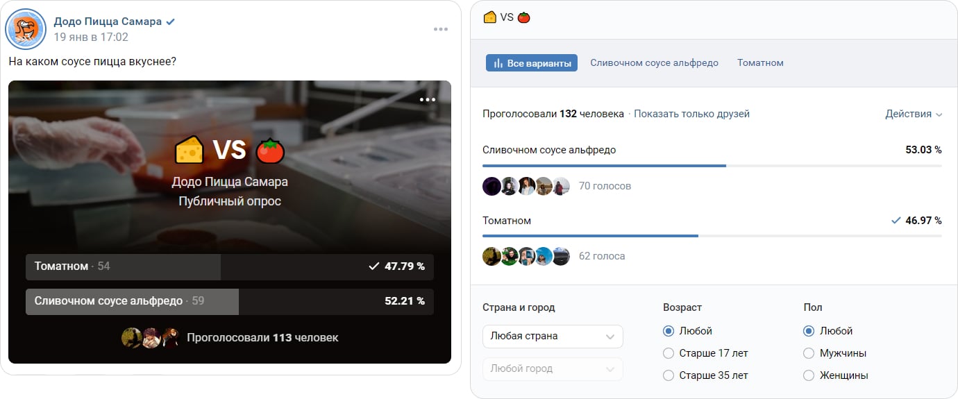 Опрос Додо Пиццы как пример публичного опроса в ВК