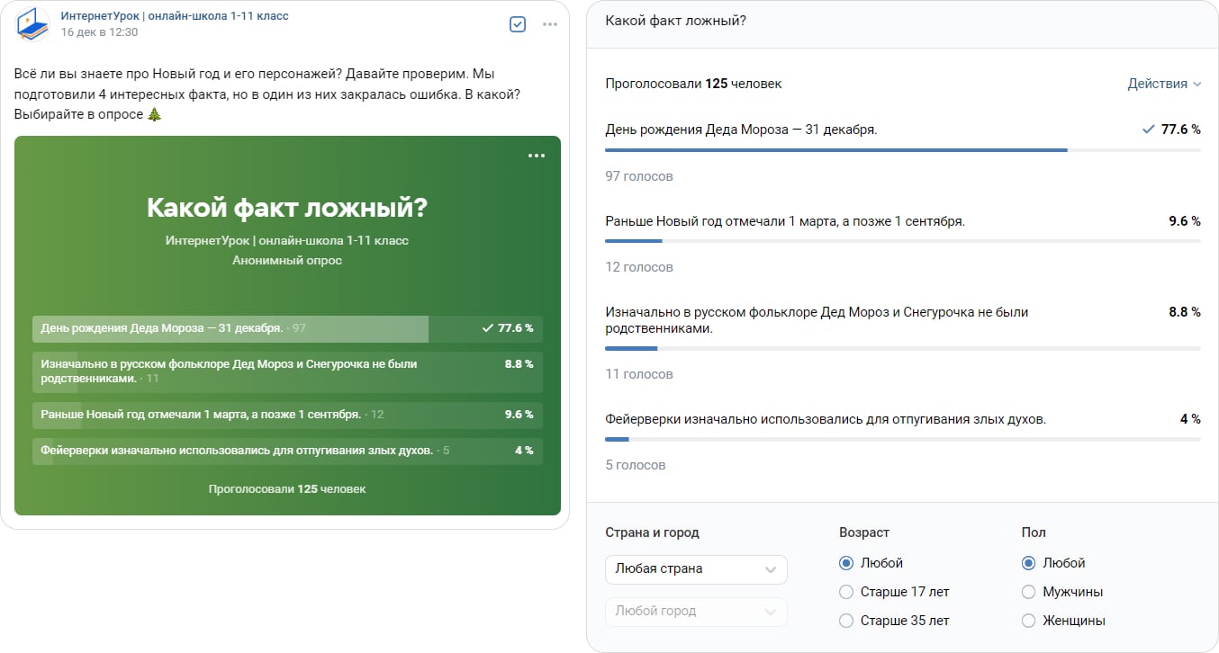 Опрос ИнтернетУрока как пример анонимного вопроса в ВК