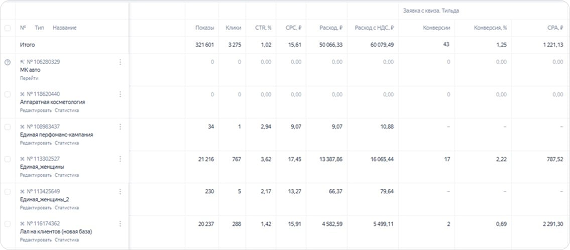 Данные Тильды в Директе