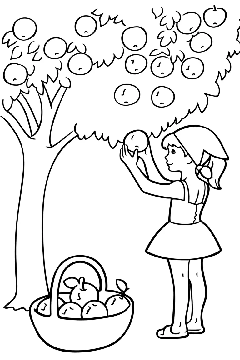Девочка собирает яблоки