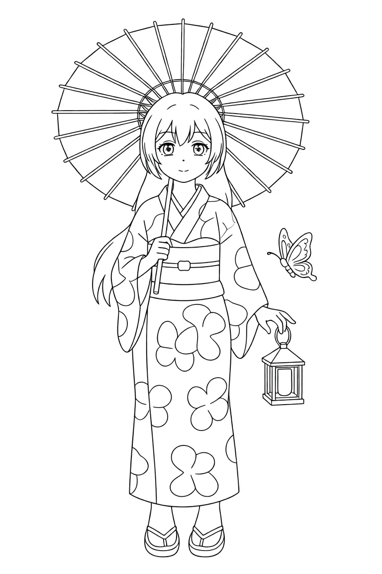 Девочка в кимоно и с зонтиком