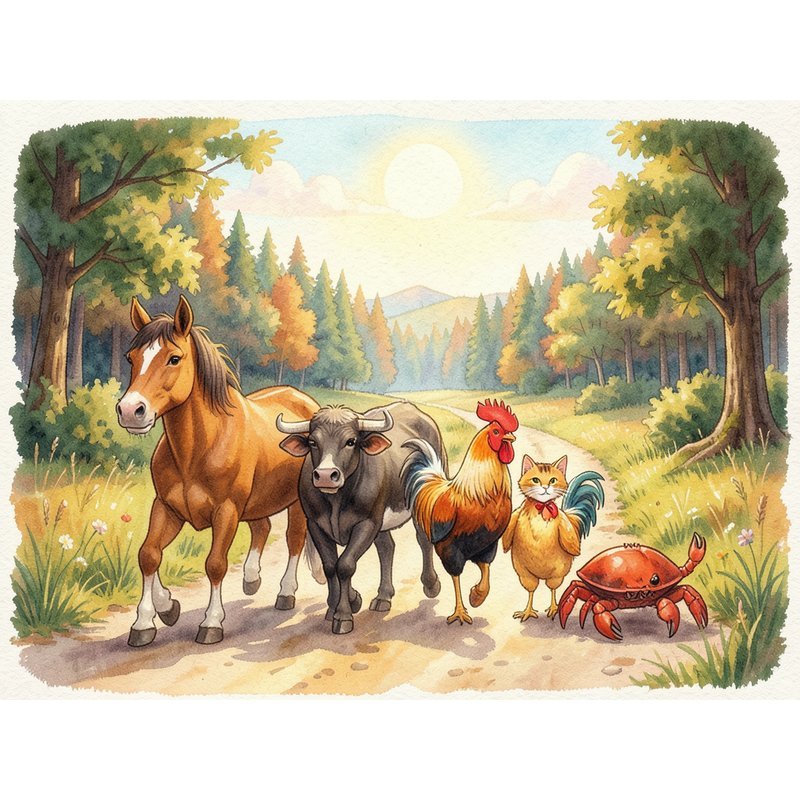 Конь, вол, петух, кот и рак