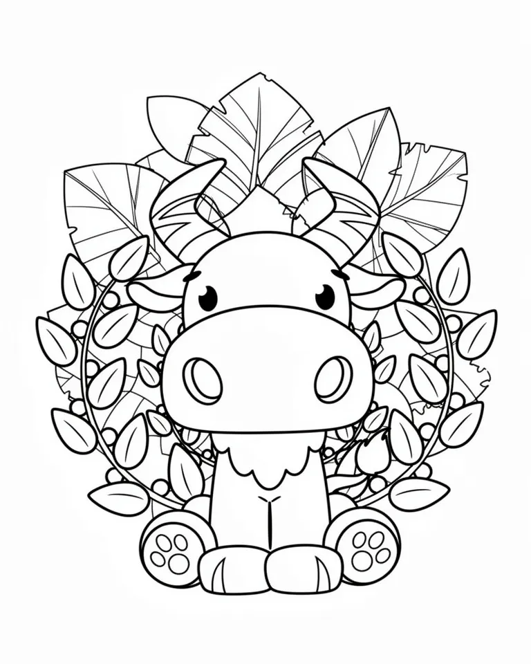 Корова на фоне листьев