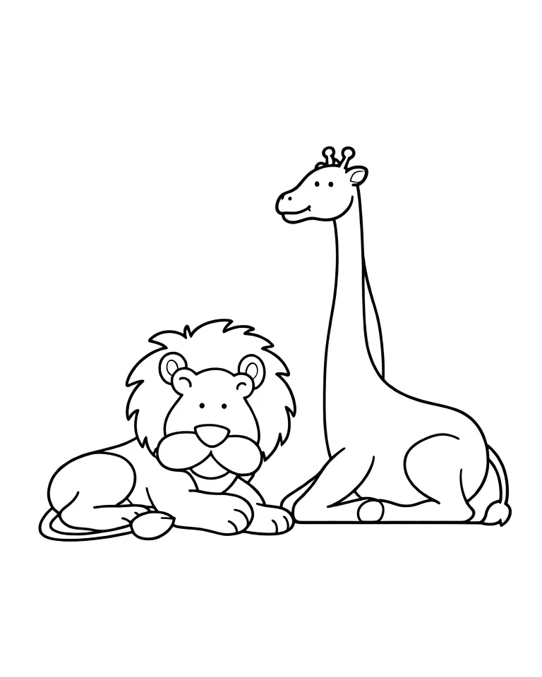 Лев и жираф отдыхают в саванне