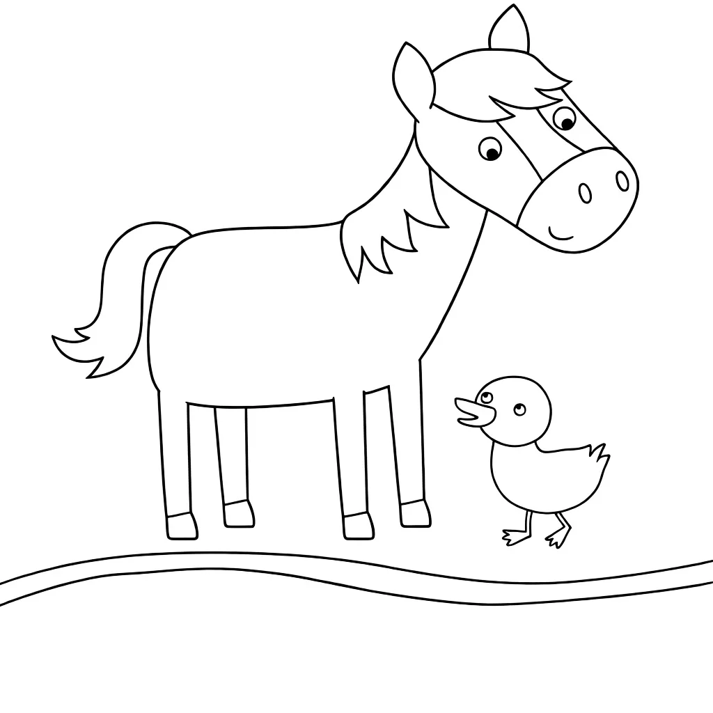 Лошадка с утёнком у речки