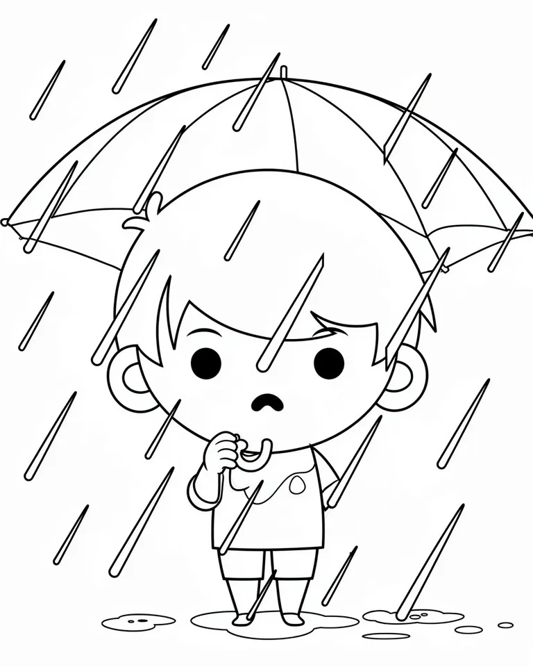 Мальчик стоит под дождем