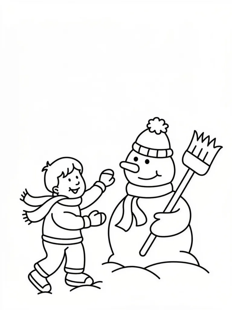 Малыш играет со снеговиком