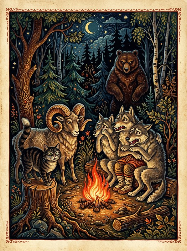 Напуганные медведь и волки