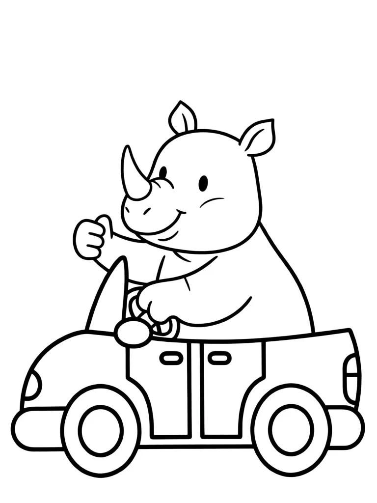 Носорог катается на машине