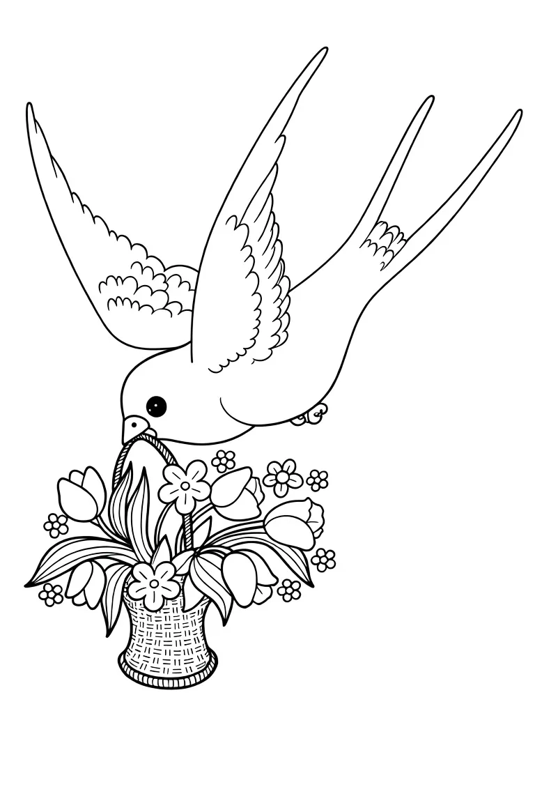 Птичка с корзинкой цветов