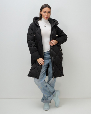 Пальто зимнее утепленное с капюшоном женское черного цвета 7637Ch