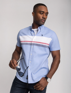 SHORT SLEEVE COLOR BLOCK CHEST STRIPE SHIRT