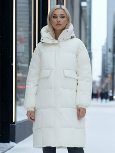 Куртка летучая мышь женская с капюшоном зимняя бежевого цвета 9621B