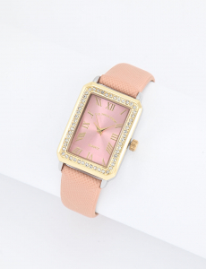 LADIES SQUARE FACE PINK STRAP WATCH WITH GOLD ACCENT