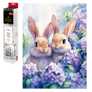 Алмазная  мозаика (набор для творчества), ЗАЙЧИКИ В ГОРТЕНЗИЯХ, 30*40 см, форма страз: круглая, 30 цветов страз, картонная коробка с европодвесом