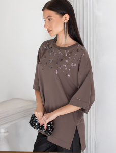 Футболка оверсайз с принтом пайетками из премиального хлопка с эластаном