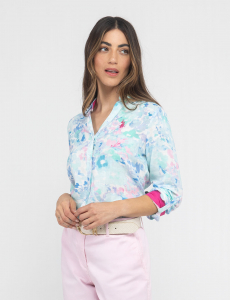WATER FLORAL LINEN ROLL SLEEVE SHIRT
