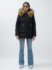Куртка женская зимняя с мехом енот премиум класса черного цвета 3322_1Ch