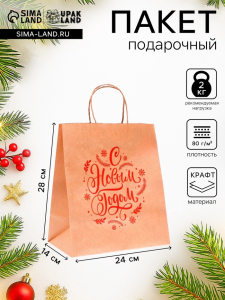 Пакет бумажный подарочный новогодний крафт, «Новый год и веточка!», красный 24?14?28 см