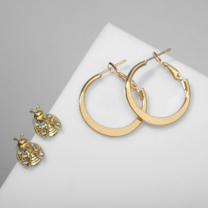 Серьги кольца с пусетами QF «Божья коровка», 2 пары, d=2.5 см, цвет золото