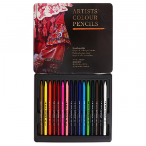 Карандаши цветные цельнографитные, в металлической коробке, 16 цветов