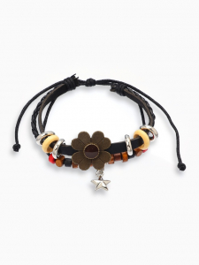 Браслет кожа «Цветок со звездочкой» хиппи, коричнево-чёрный, 6 см