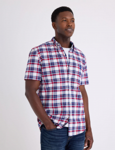 SHORT SLEEVE SLUB POPLIN PLAID SHIRT