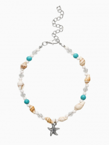 Браслет на ногу QF «Морская звезда», бело-голубой в серебре, 23.5 см + удлинитель 4.5 см