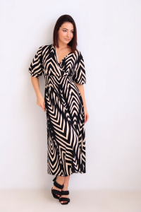 15988 Платье с V-образным вырезом бежево-чёрное