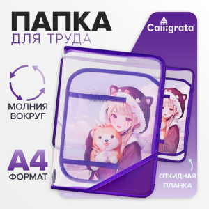 Папка для труда А4, 325 х 230 х 25 мм, молния вокруг, откидная планка, пластиковая, ПТР-1, Calligrata 