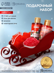 Подарочный набор новогодний в санях: 2 геля для душа, соль для ванны и мочалка, URAL LAB