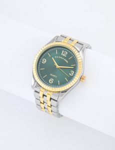 MENS TWO TONE SILVER AND GOLD WATCH WITH GREEN FACE