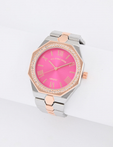 LADIES TWO TONE LINK WATCH WITH PINK FACE
