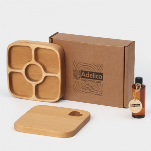 Подарочный набор посуды Adelica, доска сервировочная, менажница 5 секций, масло для пропитки в подарок 100 мл, дерево берёза