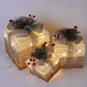 Новогодняя декорация подарочные коробки с подсветкой градиент 25*25/20*20*/15*15 см 3 шт. шампанское