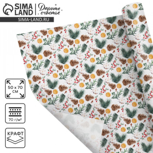 Бумага упаковочная новогодняя крафтовая «Шишки и хлопок», 50?70 см