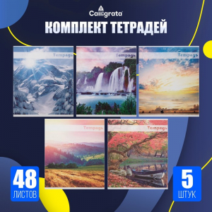 Тетради 5 штук (4 разные + 1 повторяющаяся), 48 листов в клетку «Красоты природы», серые листы, обложка мелованная, блок №2