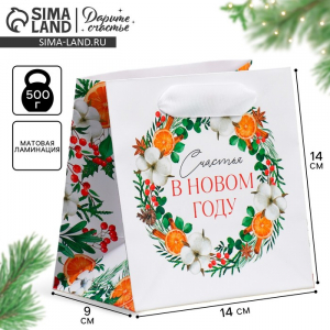 Пакет подарочный новогодний ламинированный квадратный «Счастье», 14?14?9 см