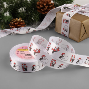 Лента атласная «Пингвины», 25 мм, 23±1 м, белая, красная, чёрный