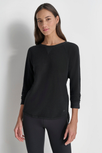 RUCHED 3/4-SLEEVE SLUB WAFFLE-KNIT TEE