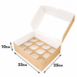 Коробка для 12 капкейков, Крафт с окном