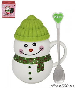 105-332 Кружка с силик. крышкой и ложкой СНЕГОВИК в под.уп.(х36)Фарфор