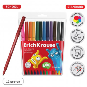 Фломастеры 12 цветов, ErichKrause Jolly Friends Super Washable, вентилируемый колпачок, МИКС