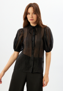 Блузка из органзы с бархатной завязкой и защипами  OD-951-3 черный