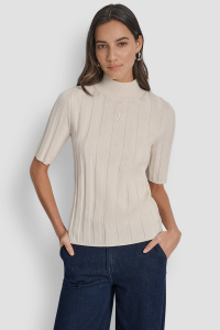 ELBOW SLEEVE WIDE RIB MOCK NECK WITH LOGO PATCH
