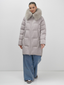Пальто зимнее утепленное с мехом и капюшоном тренд светло-коричневого цвета 7630SK